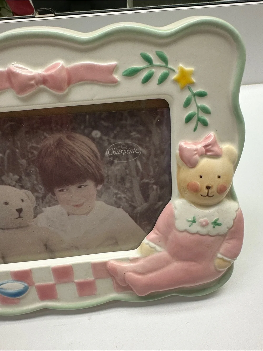Vintage Ceramic Pink and White Bunny Picture Frame